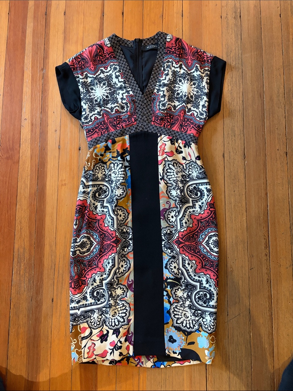Etro Multicolor Paisley Midi Dress with Black Center Panel